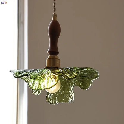 Modern leaf green glass and walnut led pendant light dining room