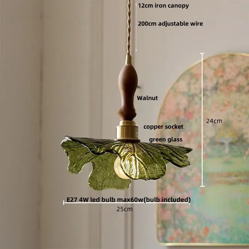 Modern leaf green glass and walnut led pendant light dining room