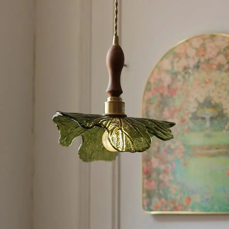 Modern leaf green glass and walnut led pendant light dining room