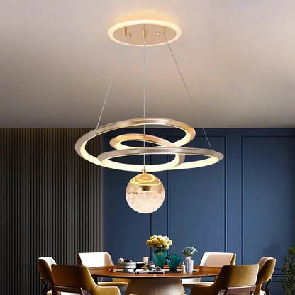Modern gold ring led pendant light with crystal sphere dining room