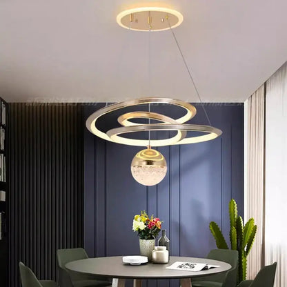 Modern gold ring led pendant light with crystal sphere dining room