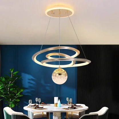 Modern gold ring led pendant light with crystal sphere dining room