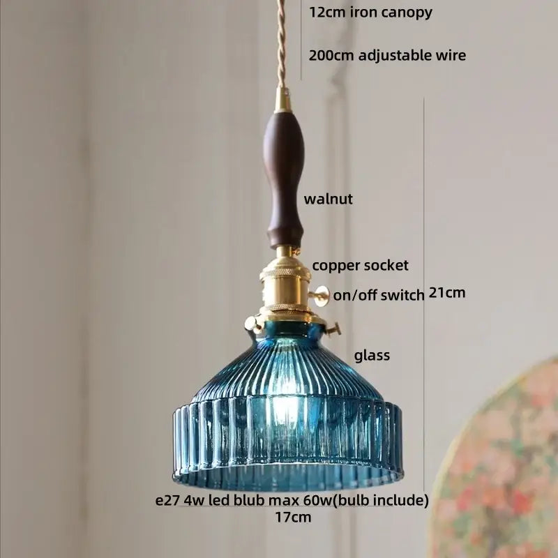 Blue ribbed glass and brass led pendant light for kitchens
