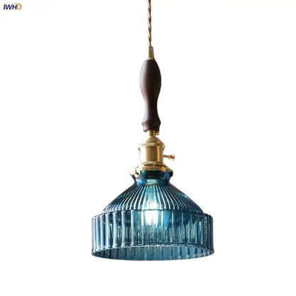 Blue ribbed glass and brass led pendant light for kitchens