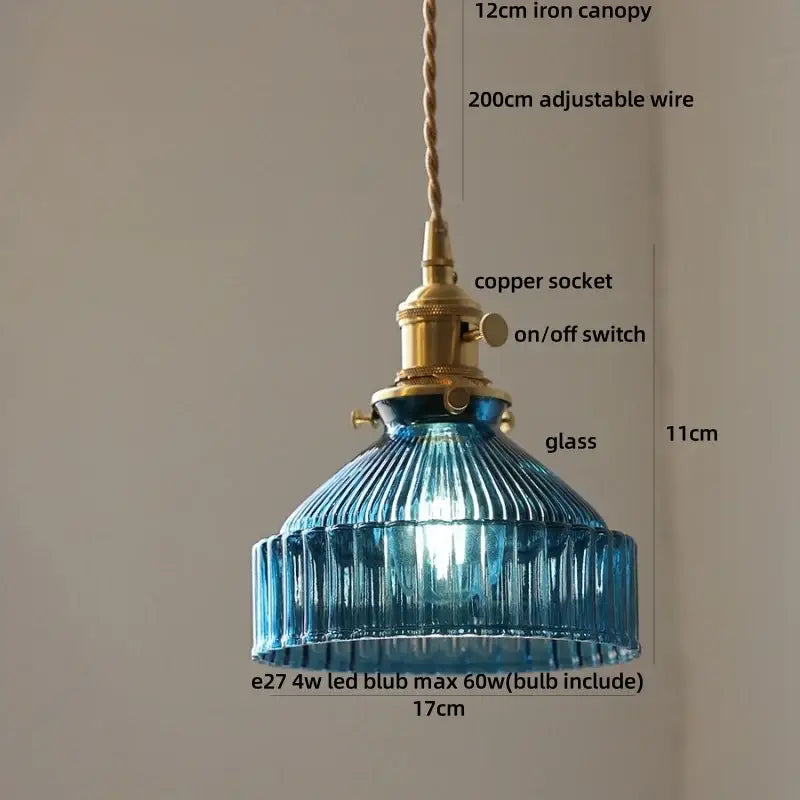 Blue ribbed glass and brass led pendant light for kitchens