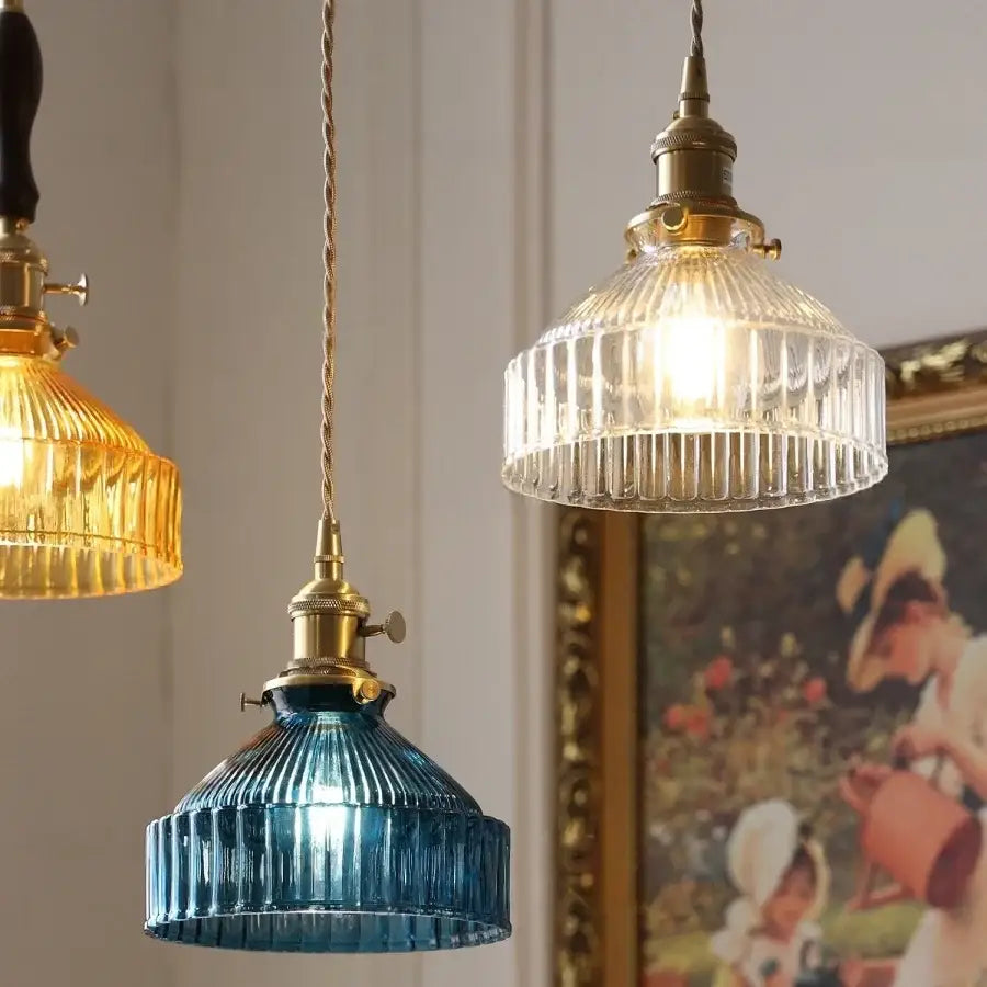 Blue ribbed glass and brass led pendant light for kitchens