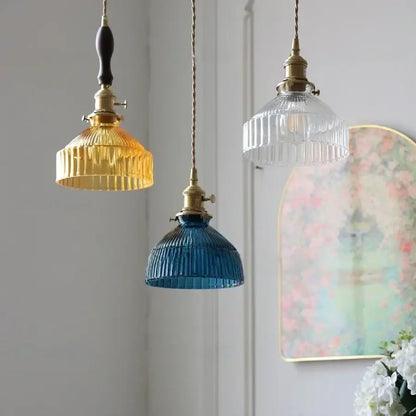 Blue ribbed glass and brass led pendant light for kitchens
