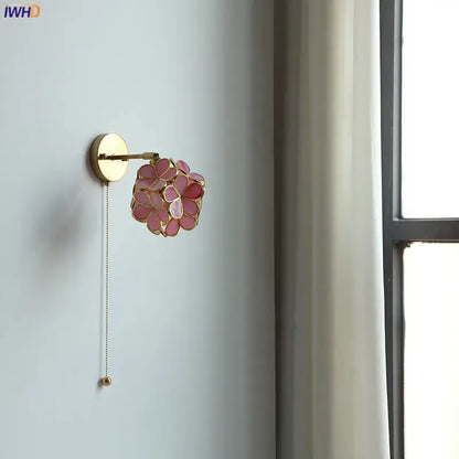 Pink cherry blossom led petal wall sconce bedroom pull chain light
