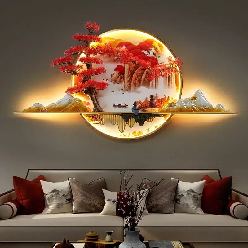 Modern red led pine landscape wall light living room art shelf
