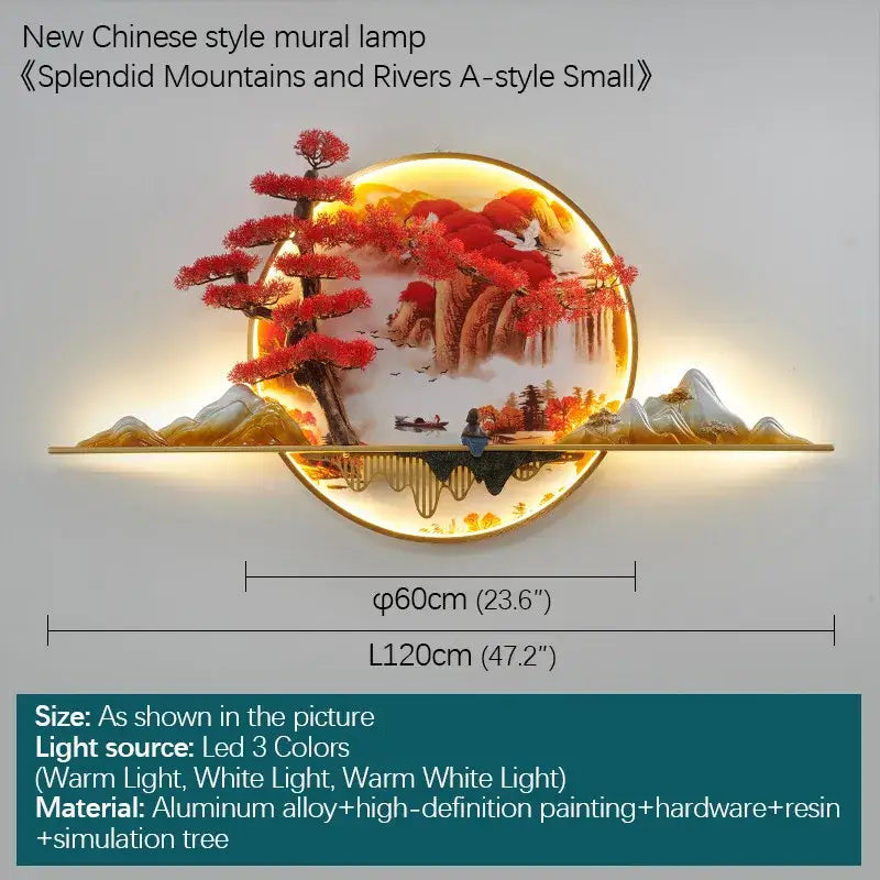 Modern red led pine landscape wall light living room art shelf