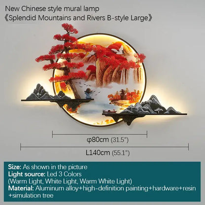 Modern red led pine landscape wall light living room art shelf