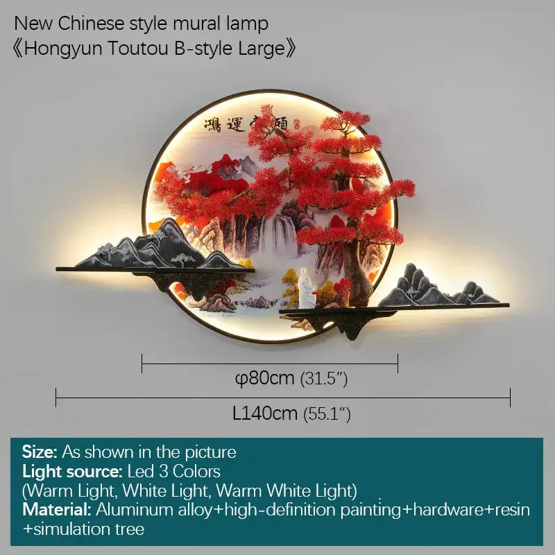 Modern red led pine landscape wall light living room art shelf