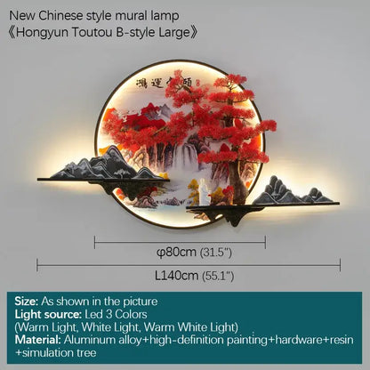 Modern red led pine landscape wall light living room art shelf