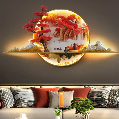 Modern red led pine landscape wall light living room art shelf
