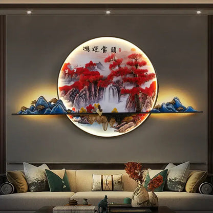 Modern red led pine landscape wall light living room art shelf