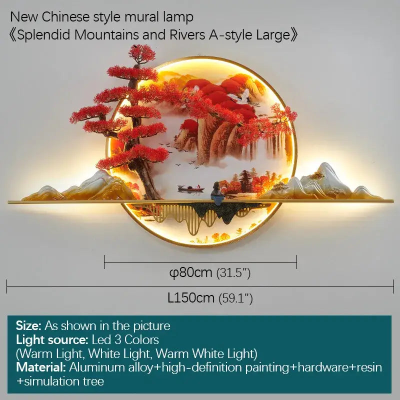 Modern red led pine landscape wall light living room art shelf
