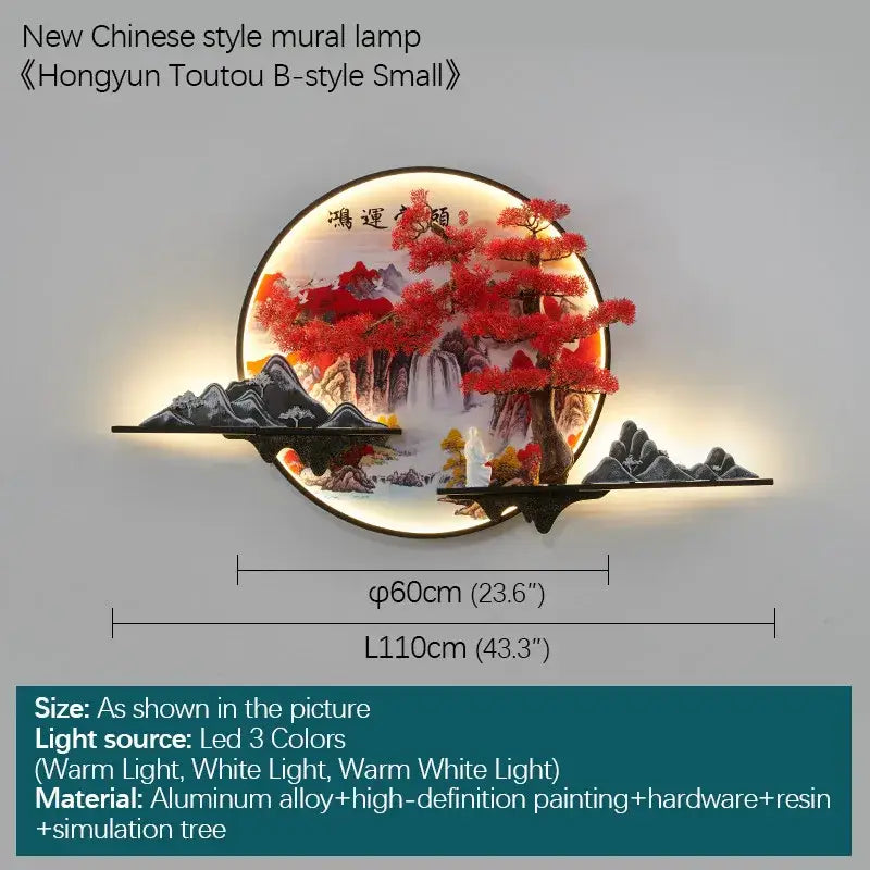 Modern red led pine landscape wall light living room art shelf