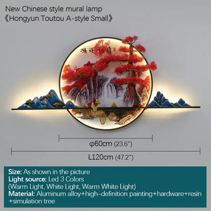 Modern red led pine landscape wall light living room art shelf