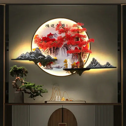 Modern red led pine landscape wall light living room art shelf
