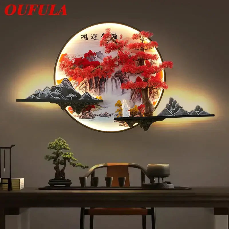 Modern red led pine landscape wall light living room art shelf