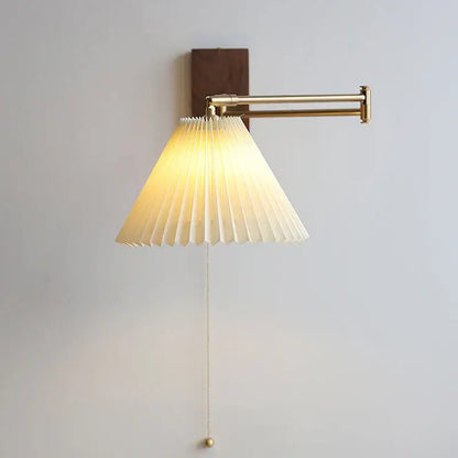 Modern brass led pull chain wall lamp with pleated shade bedroom