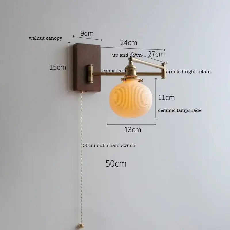 Modern brass led pull chain wall lamp with pleated shade bedroom