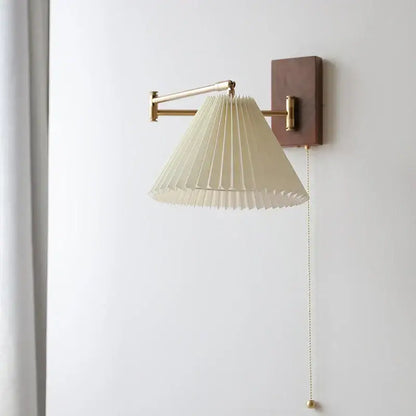 Modern brass led pull chain wall lamp with pleated shade bedroom