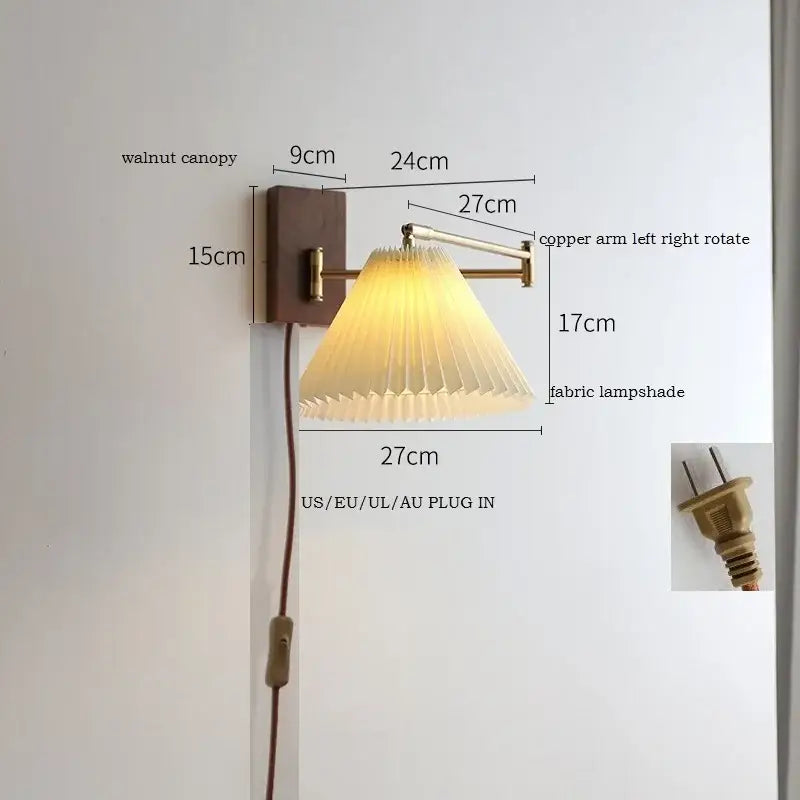 Modern brass led pull chain wall lamp with pleated shade bedroom