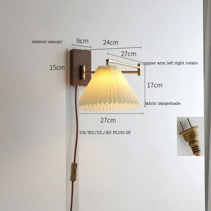 Modern brass led pull chain wall lamp with pleated shade bedroom