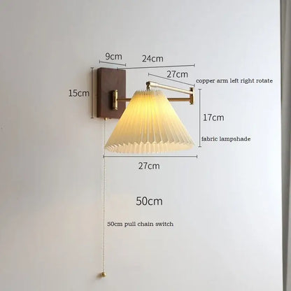 Modern brass led pull chain wall lamp with pleated shade bedroom