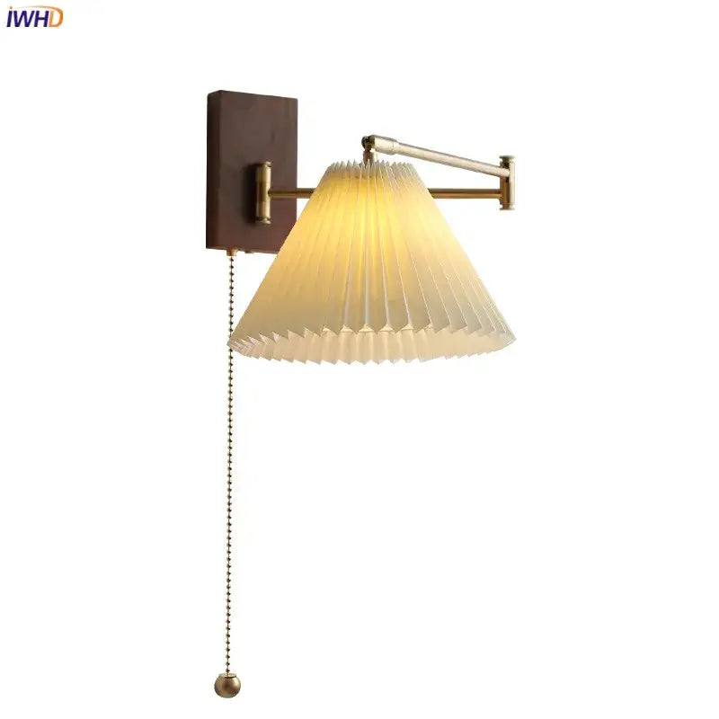 Modern brass led pull chain wall lamp with pleated shade bedroom