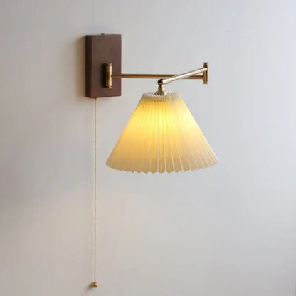 Modern brass led pull chain wall lamp with pleated shade bedroom
