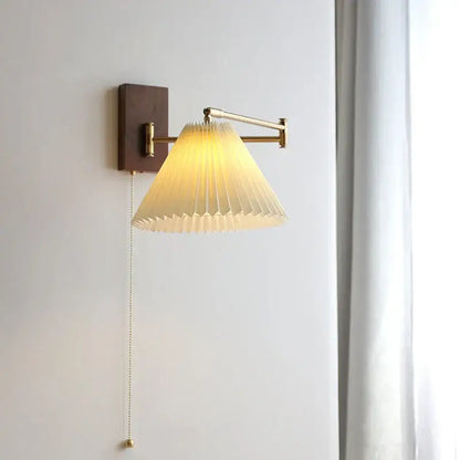 Modern brass led pull chain wall lamp with pleated shade bedroom