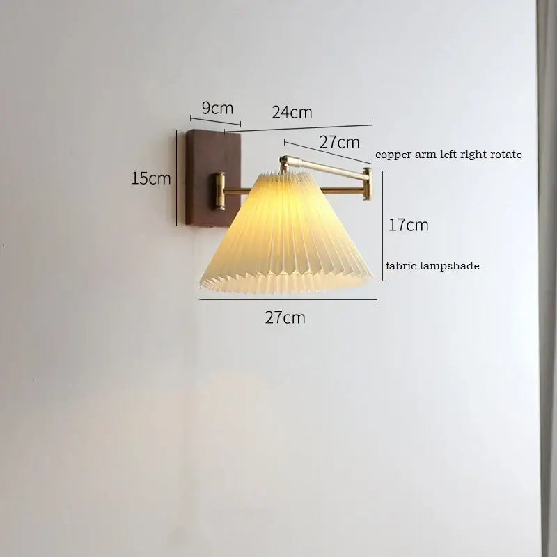 Modern brass led pull chain wall lamp with pleated shade bedroom