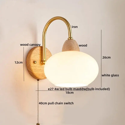 Modern brass and wood led pull chain wall lights for bedroom