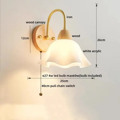 Modern brass and wood led pull chain wall lights for bedroom