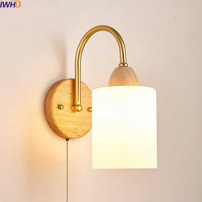 Modern brass and wood led pull chain wall lights for bedroom