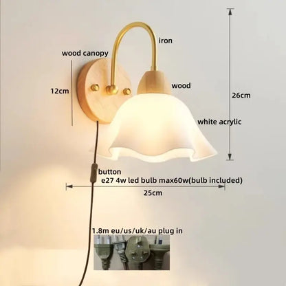 Modern brass and wood led pull chain wall lights for bedroom
