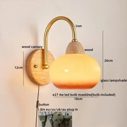 Modern brass and wood led pull chain wall lights for bedroom