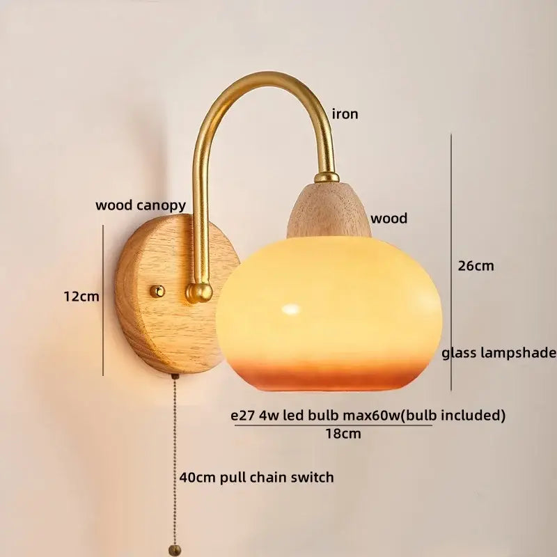 Modern brass and wood led pull chain wall lights for bedroom