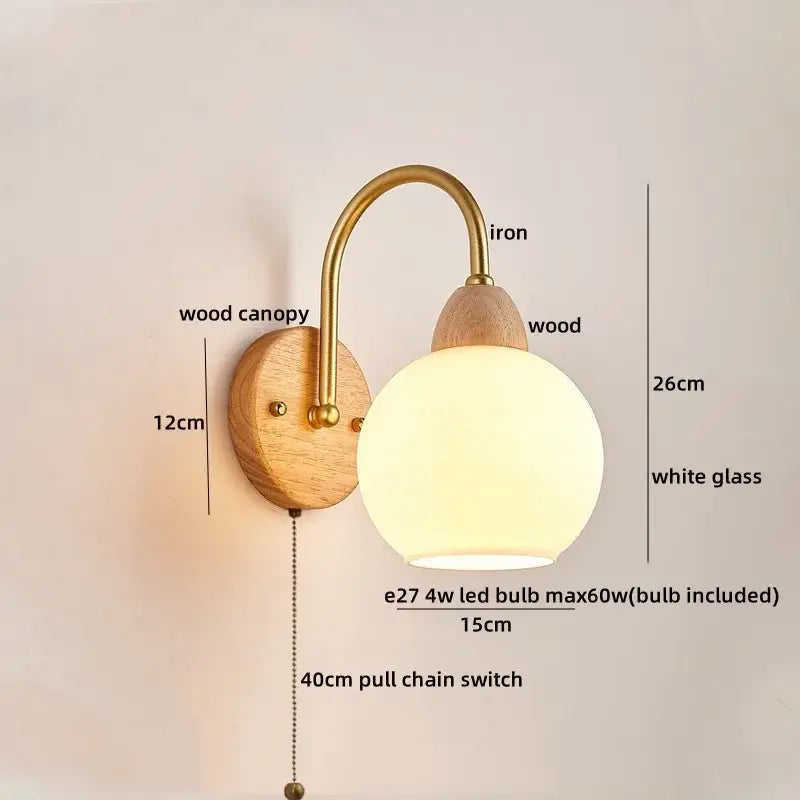 Modern brass and wood led pull chain wall lights for bedroom