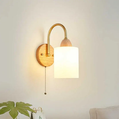 Modern brass and wood led pull chain wall lights for bedroom