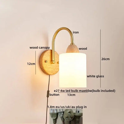 Modern brass and wood led pull chain wall lights for bedroom