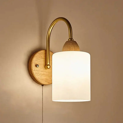 Modern brass and wood led pull chain wall lights for bedroom