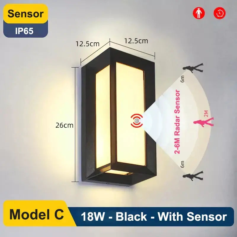 Modern black radar induction wall lamp garden frosted glass light