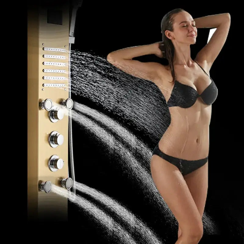 Gold led rain shower column with digital screen massage jets bathroom