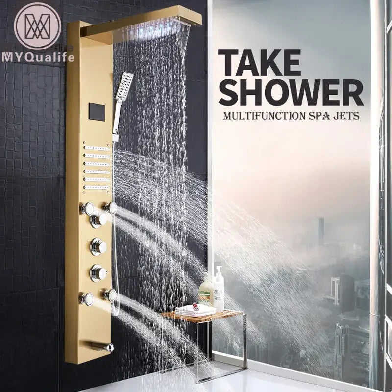 Gold led rain shower column with digital screen massage jets bathroom