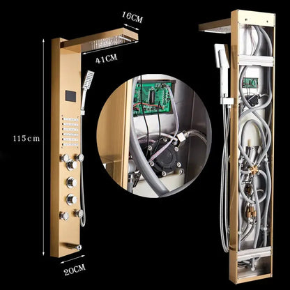 Gold led rain shower column with digital screen massage jets bathroom