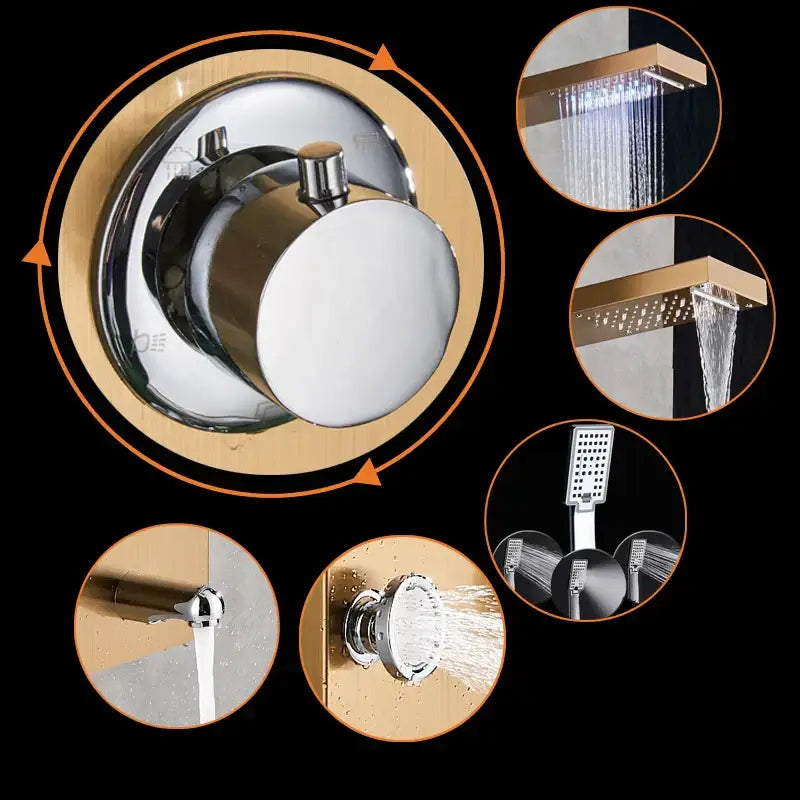 Gold led rain shower column with digital screen massage jets bathroom