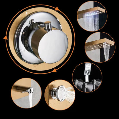 Gold led rain shower column with digital screen massage jets bathroom